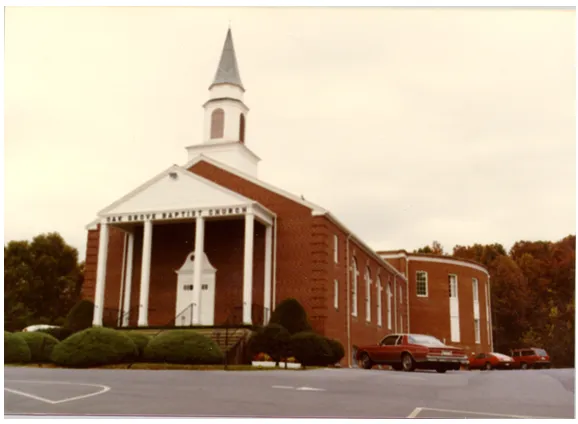 Oak Grove Baptist Church's brick sanctuary and educational wing in 1974